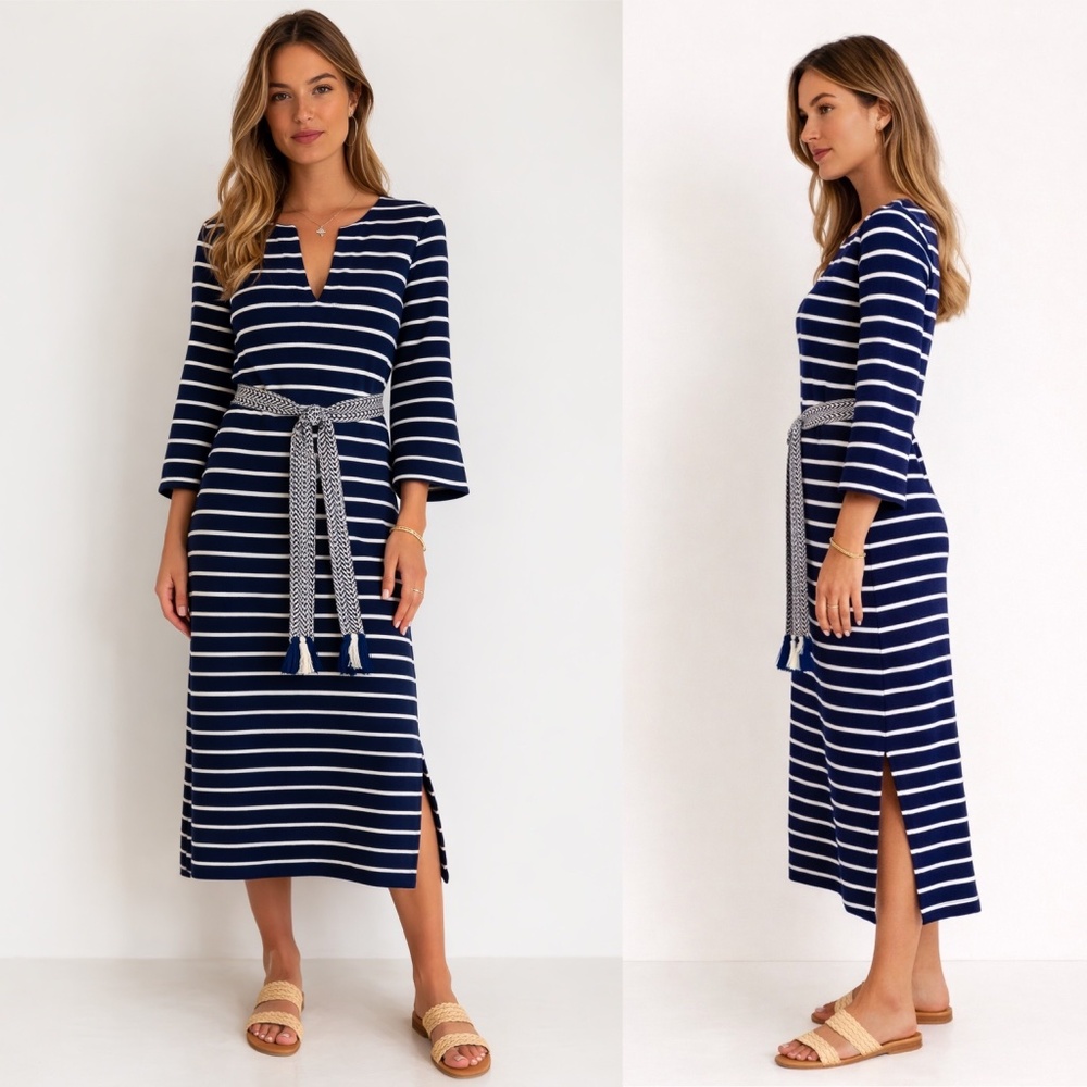 NWT Tommy Bahama Navy Stripe Midi Dress Sz S Belted Nautical Casual Resort